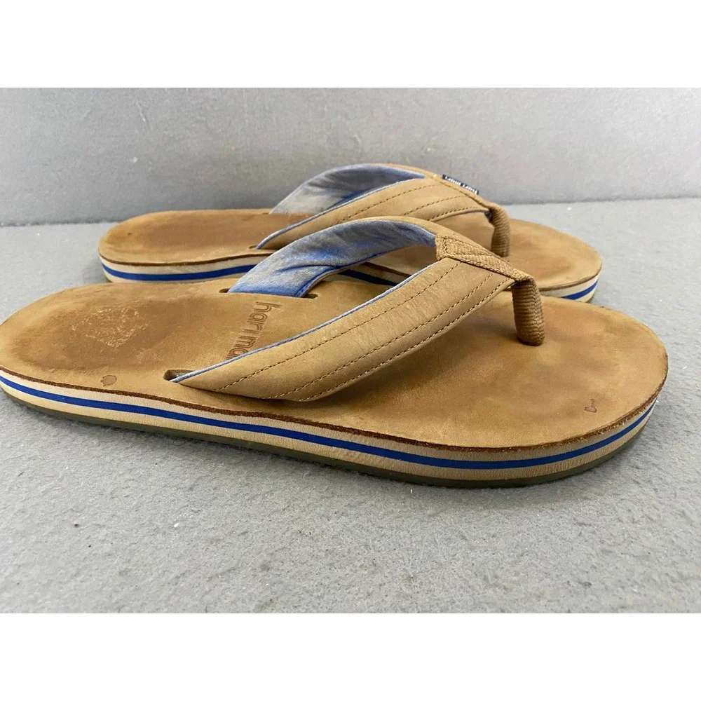 Hari Mari Fields Men 7 Tan Nubuck Leather Flip Flops Navy Blue Stripe Sandals